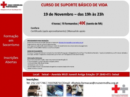 CURSO DE SUPORTE B&Aacute;SICO DE VIDA - 19 Novembro das 19h &agrave;s 23h - SEIXAL